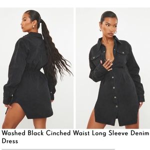 Washed Black Cinched Waist Long Sleeve Denim Dress (size 2)